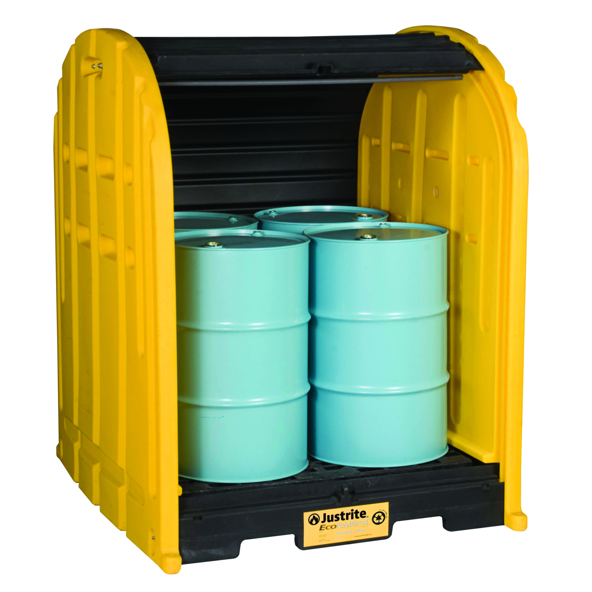 Justrite DrumShed with Rolltop Doors — 4-Drum Capacity, EcoPolyBlend, Weather-Resistant, Model# 28676